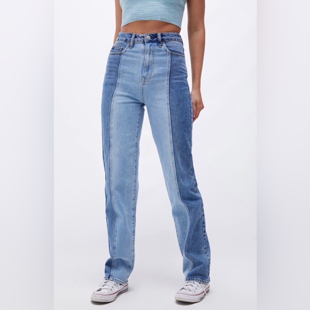 PacSun High Rise Two Tone Straight Leg Jeans in Light & Dark Blue ~ size 27